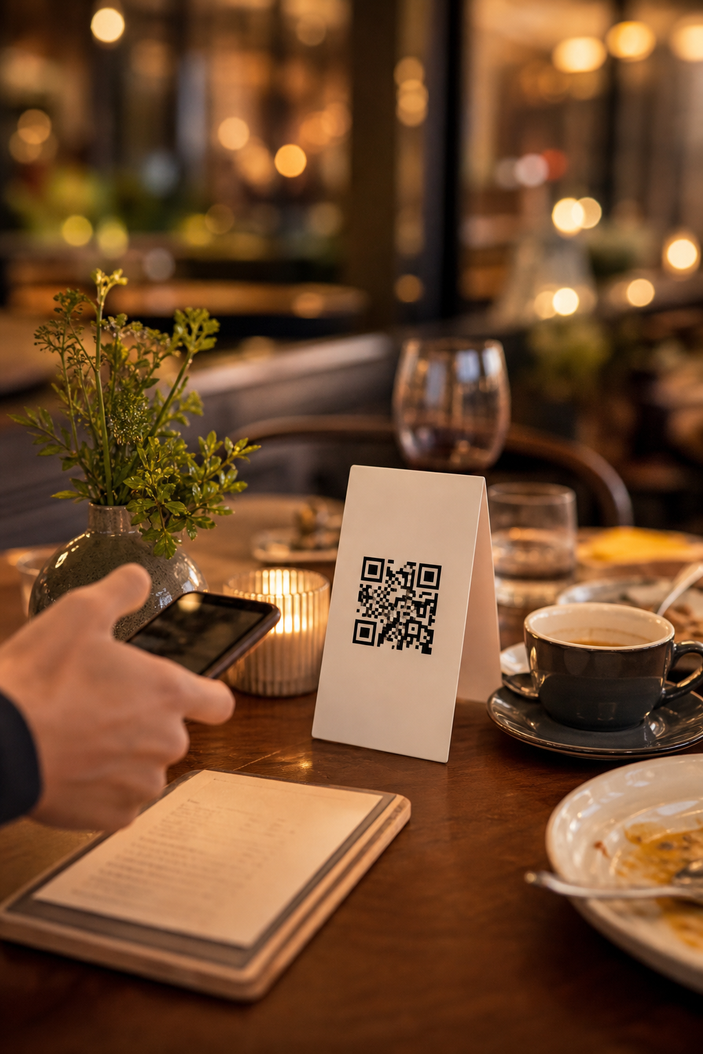 Client scannant une carte QR sur une table de restaurant