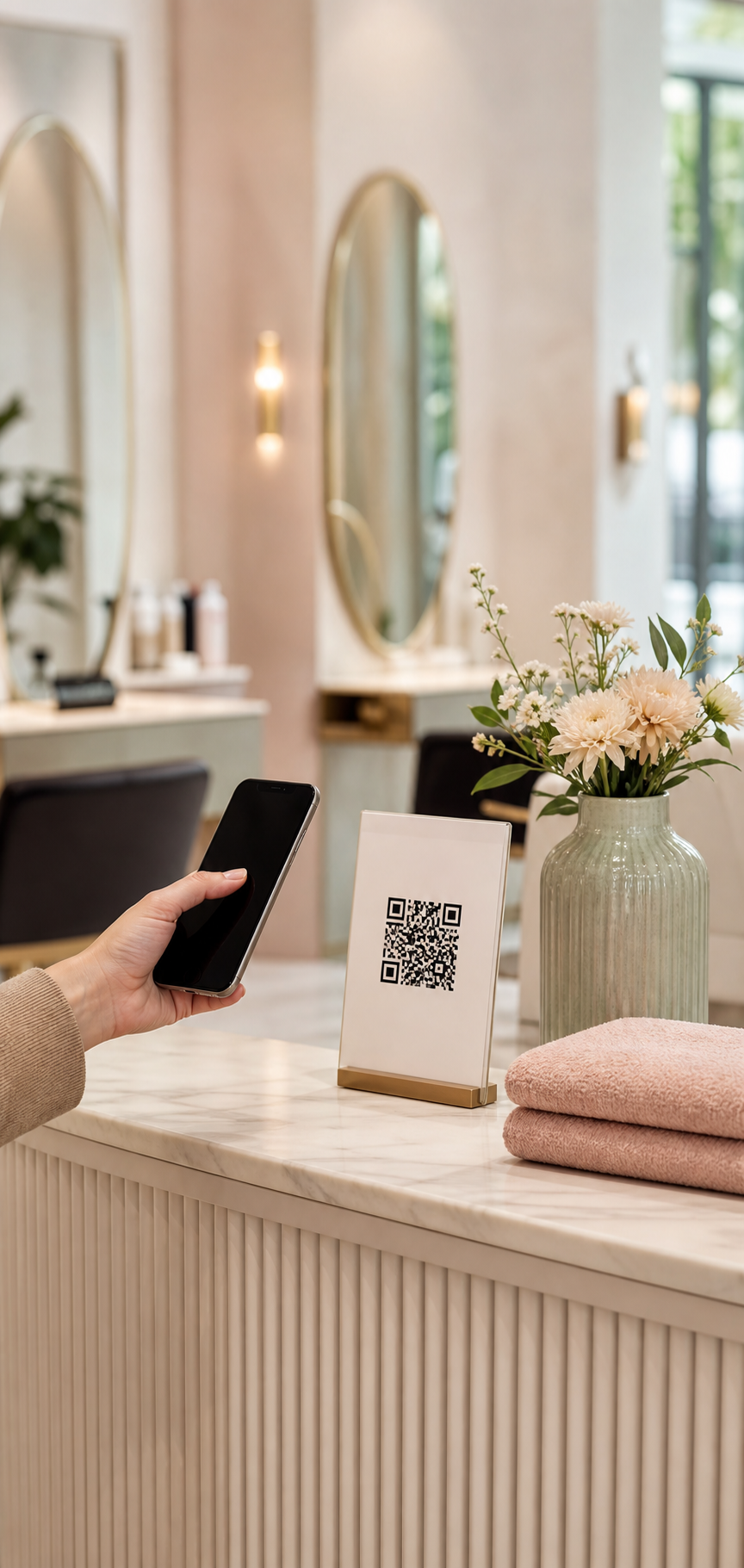 Cliente scannant une carte QR a la reception dun salon